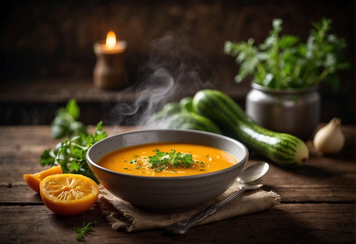 A steaming bowl of courgette and carrot soup with a sprinkle of fresh herbs on top, sitting on a rustic wooden table
