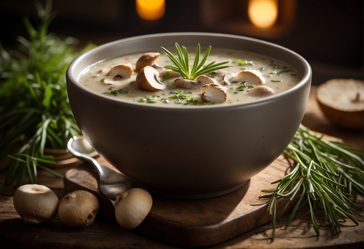 A steaming bowl of mushroom and tarragon soup sits on a rustic wooden table, garnished with a sprig of fresh tarragon