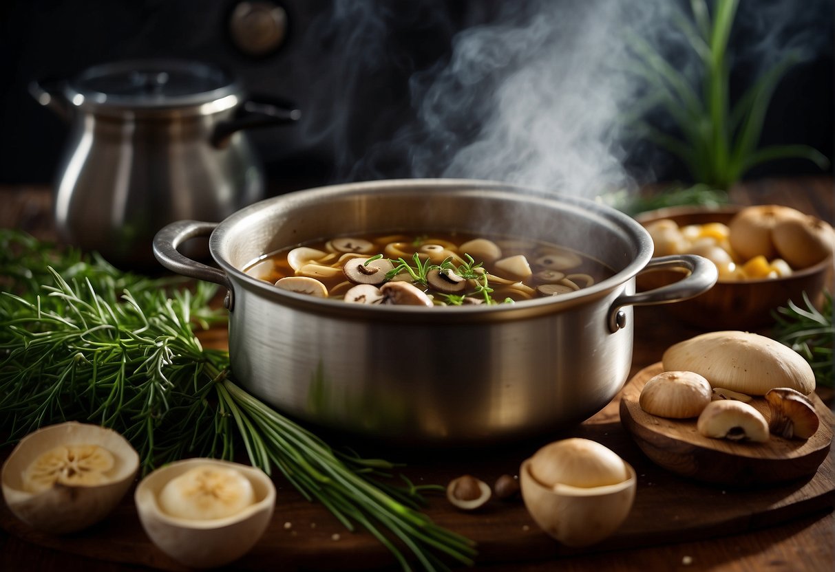 A pot simmering with mushrooms, tarragon, and broth on a stovetop, surrounded by fresh herbs and ingredients