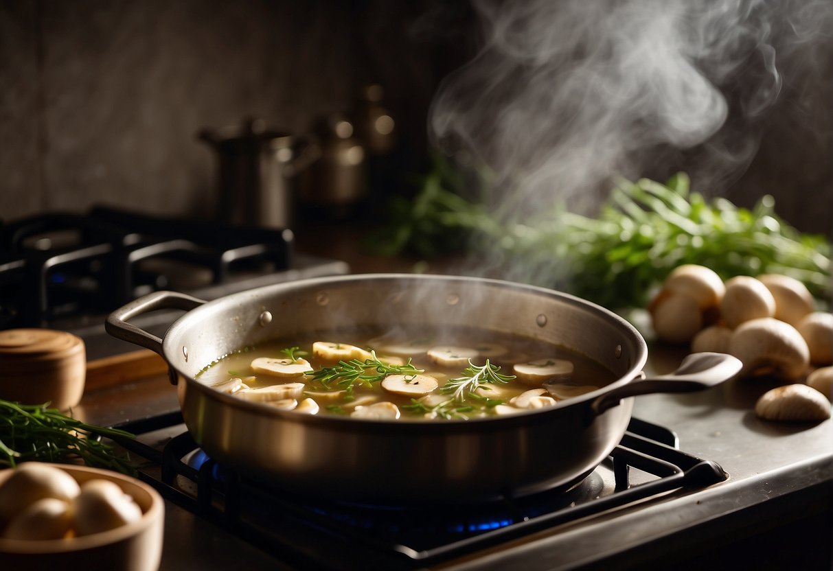 A pot simmering on a stove, filled with sliced mushrooms, fresh tarragon, and aromatic broth. A wooden spoon stirs the ingredients together, steam rising from the pot