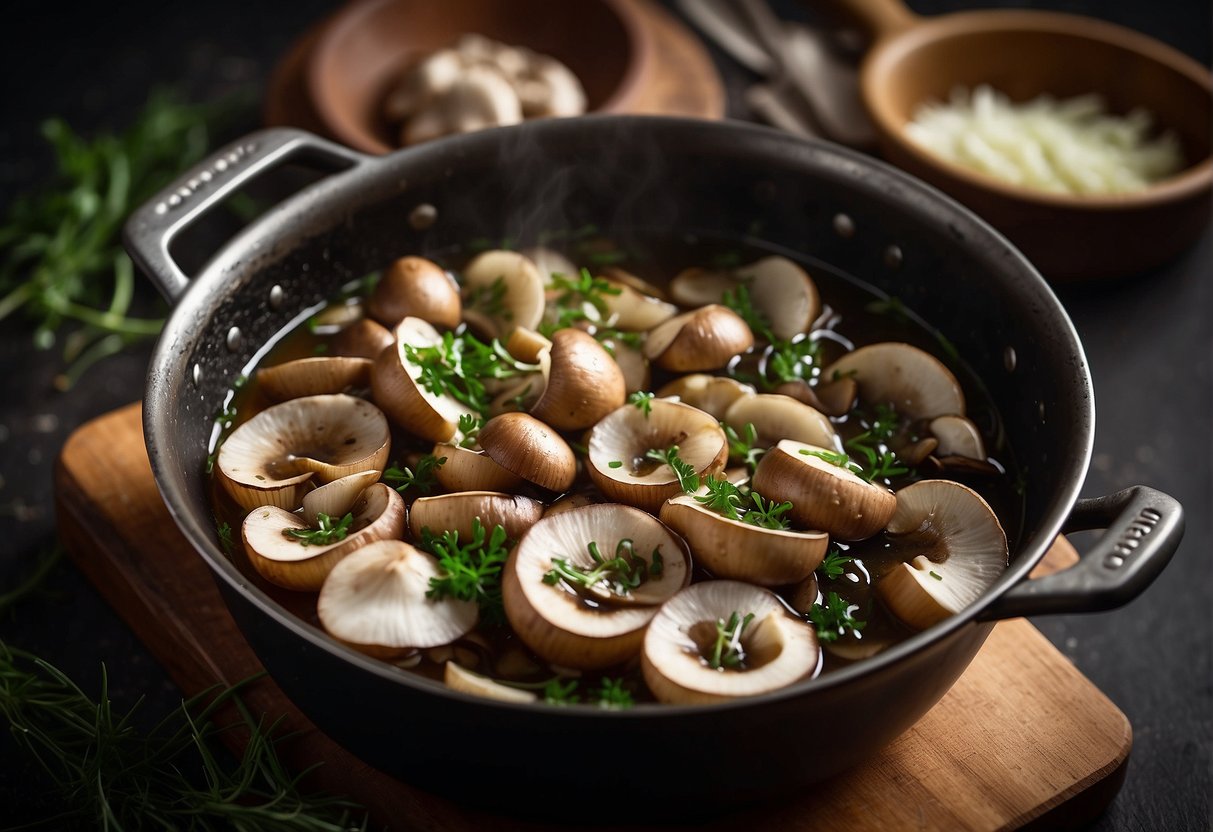Sliced mushrooms sizzle in a pot with chopped onions and garlic. Fresh tarragon leaves are added to the bubbling broth