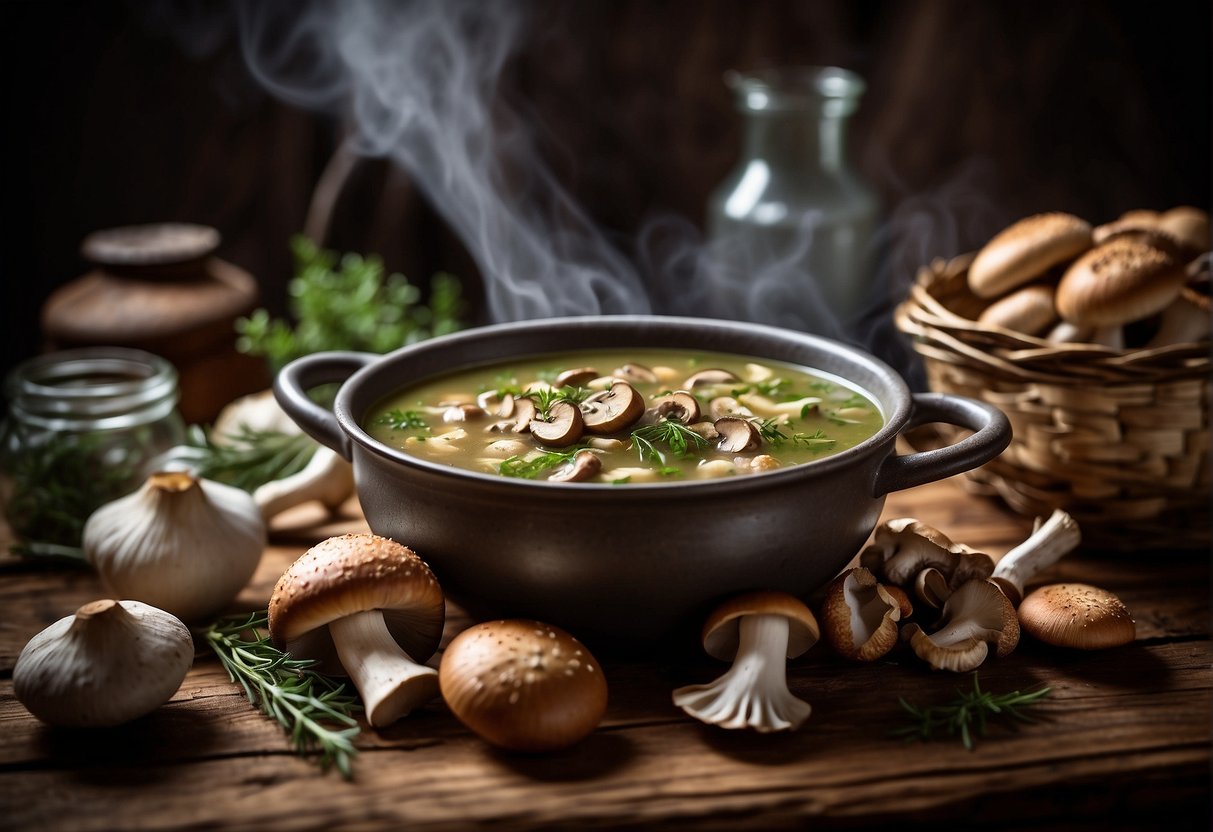 A steaming pot of mushroom and tarragon soup sits on a rustic wooden table, surrounded by jars of preserved ingredients and a basket of freshly picked mushrooms