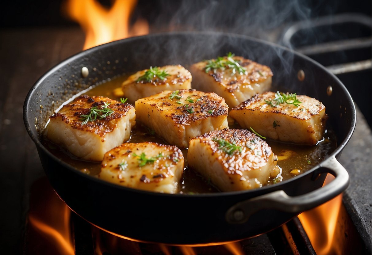 Cod cheeks sizzling in a pan, emitting a tantalizing aroma. The golden-brown color and delicate texture of the cheeks create an appetizing visual