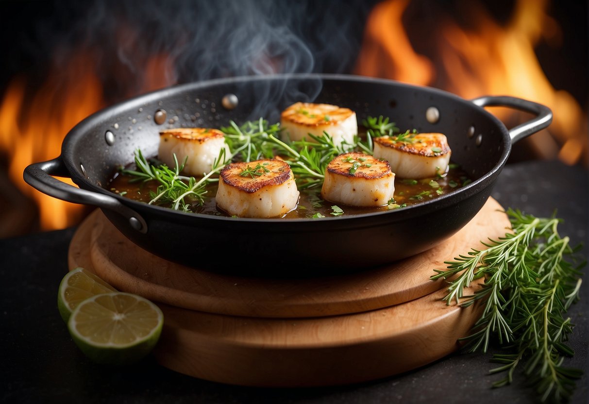 A sizzling pan with cod cheeks cooking, surrounded by herbs and spices