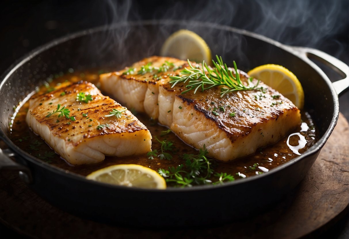 The cod cheeks sizzle in a hot pan, releasing a savory aroma. A sprinkle of herbs and a drizzle of lemon add a burst of flavor