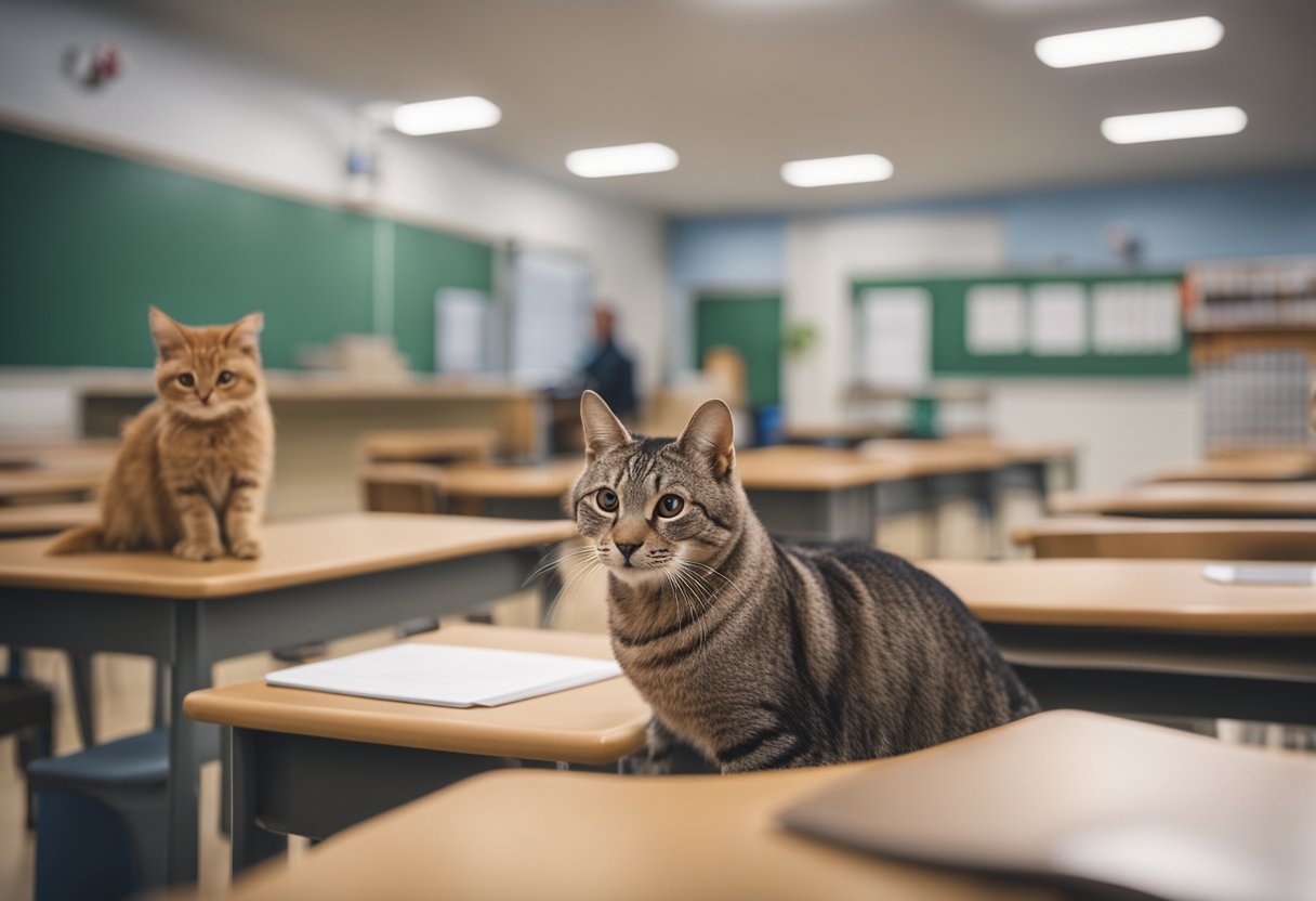 10 classroom scenes with various animals, including a dog, cat, rabbit, and bird. Each scene depicts a different activity related to the animals