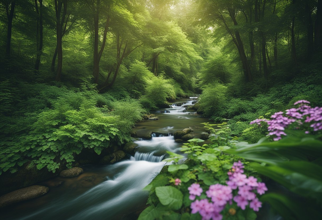 A lush forest with diverse wildlife, including birds, mammals, and insects. A flowing river runs through the scene, with vibrant greenery and colorful flowers