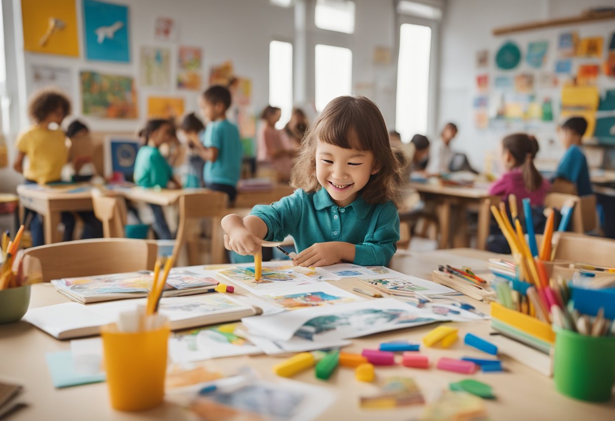 A classroom filled with colorful drawings of animals, surrounded by art supplies and children's laughter
