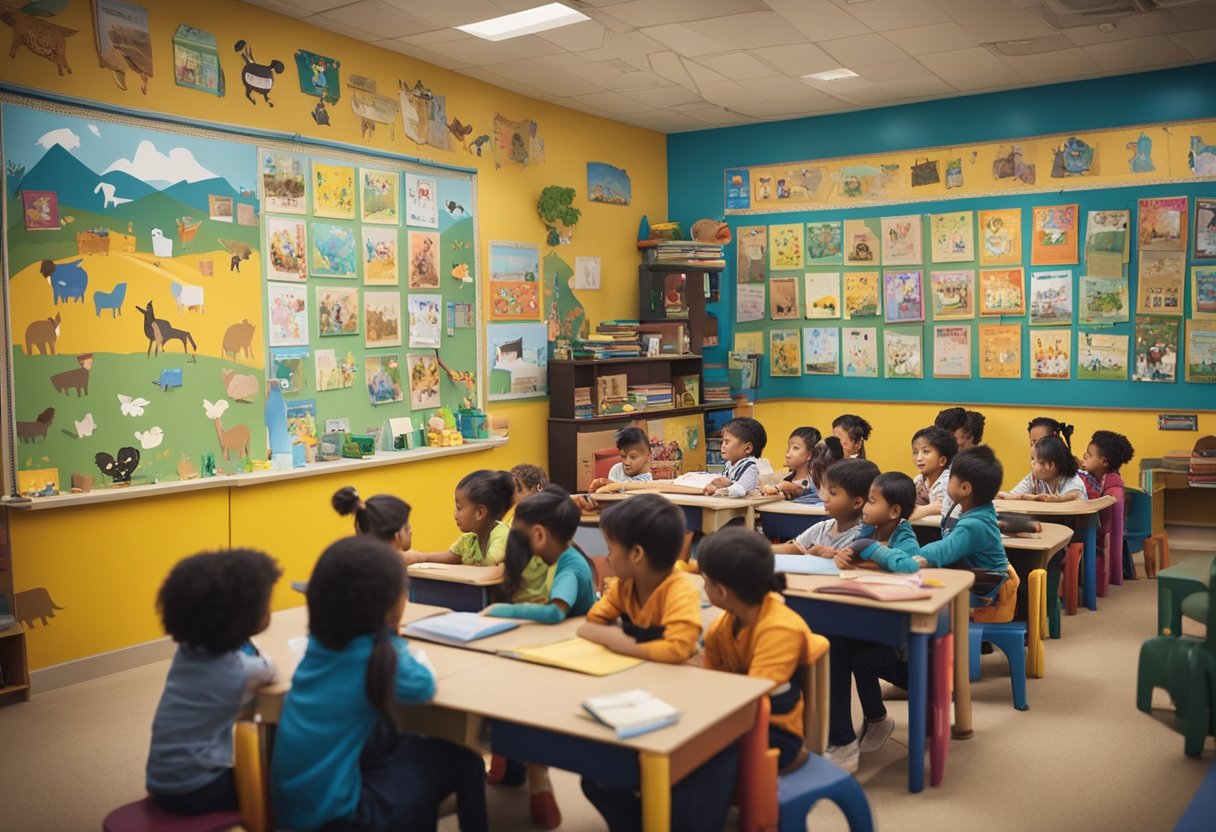 A classroom filled with children and animals, books scattered around, a teacher reading a story, and colorful posters of animals on the walls