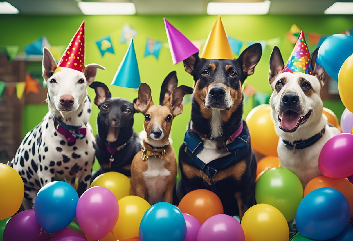 A group of animals celebrating with party hats and balloons in a colorful classroom setting
