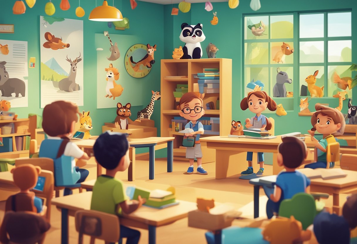 A classroom with animal posters, books, and toys. Children listening to a teacher talking about different animals. Bright and colorful environment