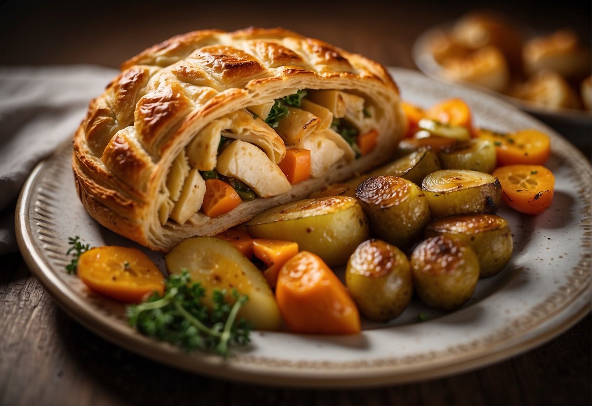 A golden-brown chicken en croute sits on a bed of roasted vegetables, with flaky pastry and savory stuffing spilling out