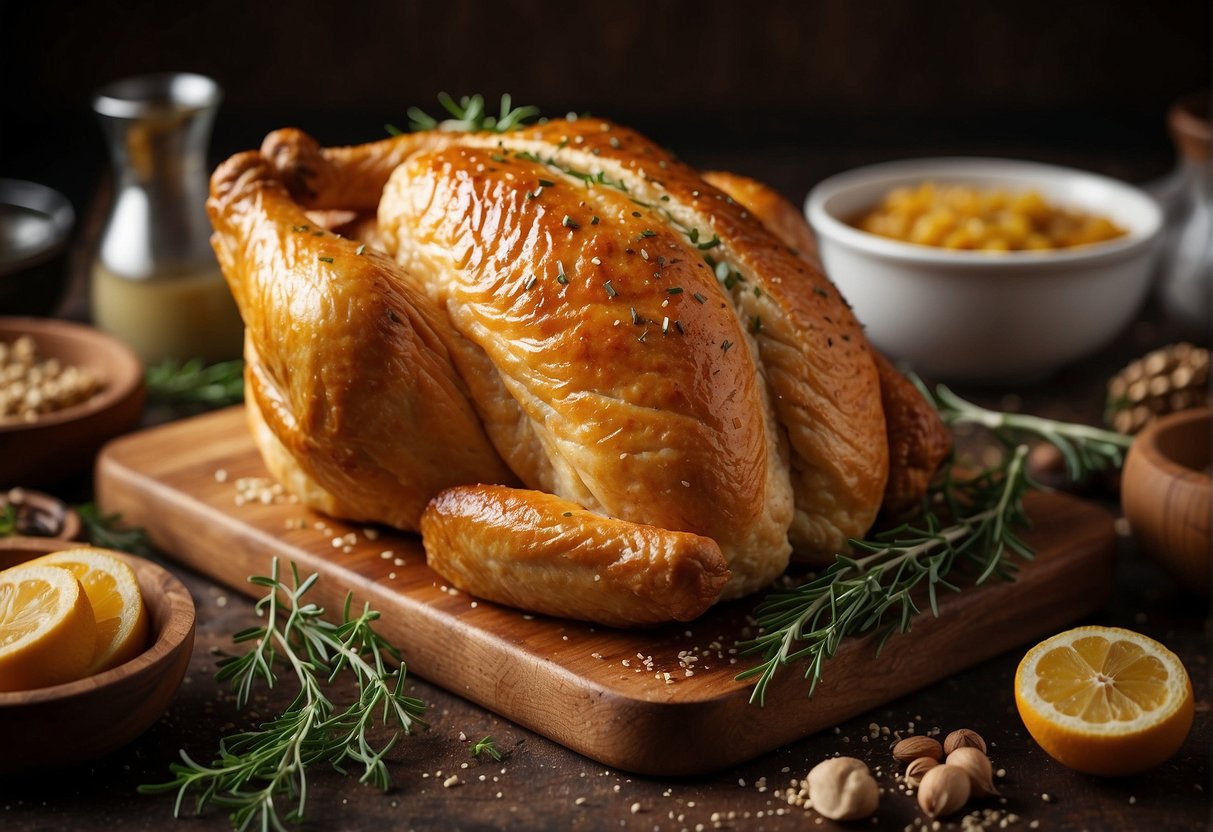 A golden-brown chicken en croute sits on a baking sheet, surrounded by herbs and spices. The flaky pastry is scored with decorative patterns