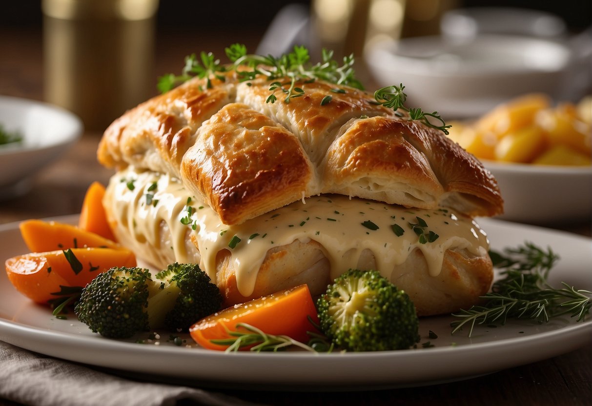 A golden-brown chicken en croute sits on a bed of roasted vegetables, surrounded by a drizzle of creamy sauce and garnished with fresh herbs