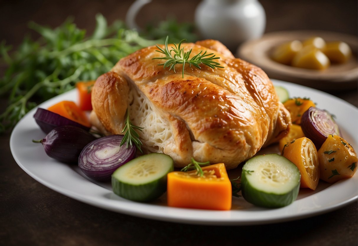 A golden-brown chicken en croute sits on a white porcelain platter, garnished with fresh herbs and accompanied by a side of colorful roasted vegetables