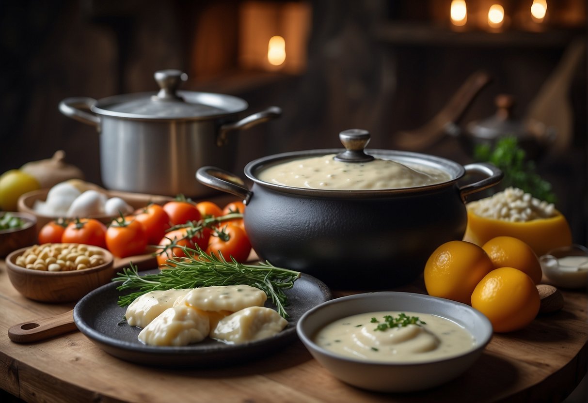 A medieval kitchen with pots and pans, a bubbling pot of creamy sauce, and a table set with fresh cod fillets and ingredients