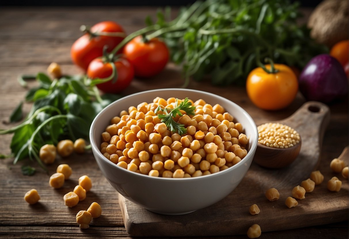 A bowl of chickpeas sits on a rustic wooden table, surrounded by colorful vegetables and grains. A gluten-free label is prominently displayed next to the bowl