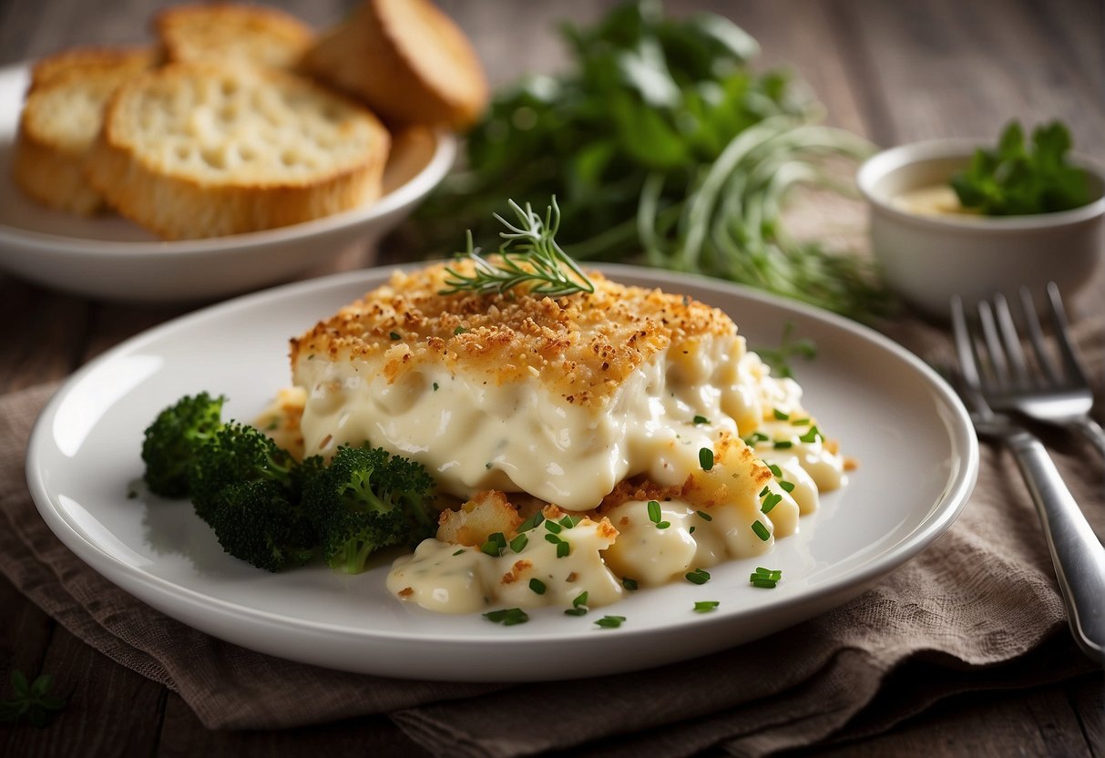 A plate of cod mornay with a creamy sauce, topped with breadcrumbs and garnished with fresh herbs, served alongside a side of steamed vegetables