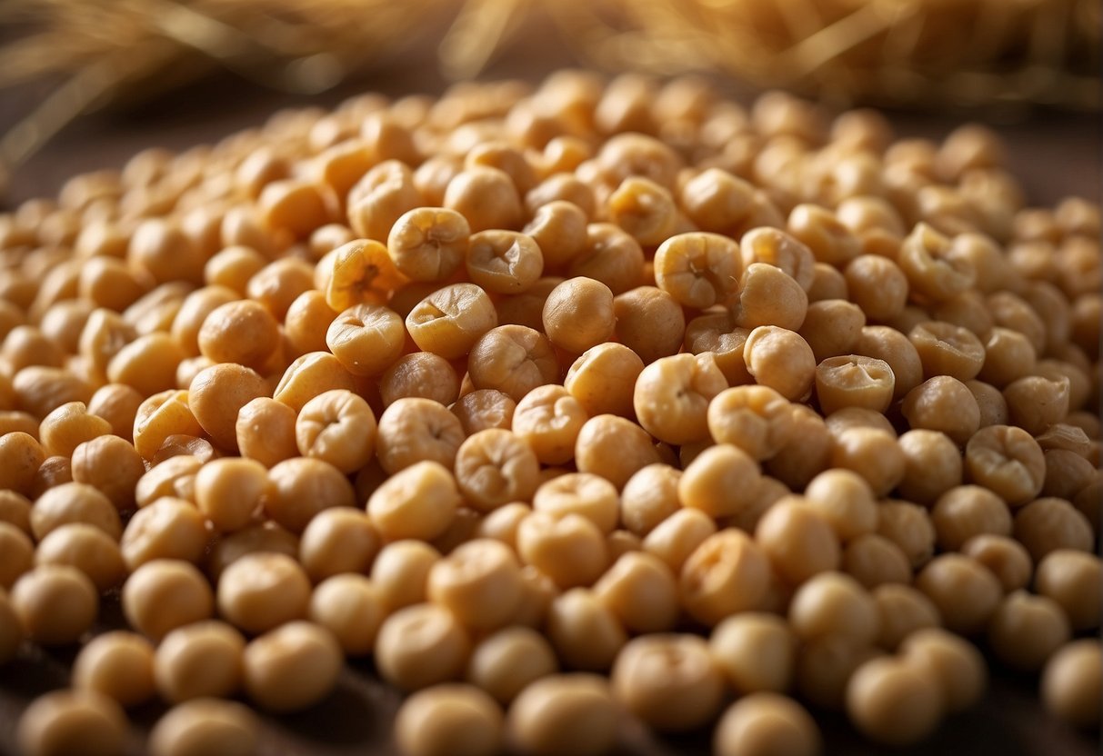 A pile of chickpeas next to a question mark. A crossed-out wheat symbol nearby