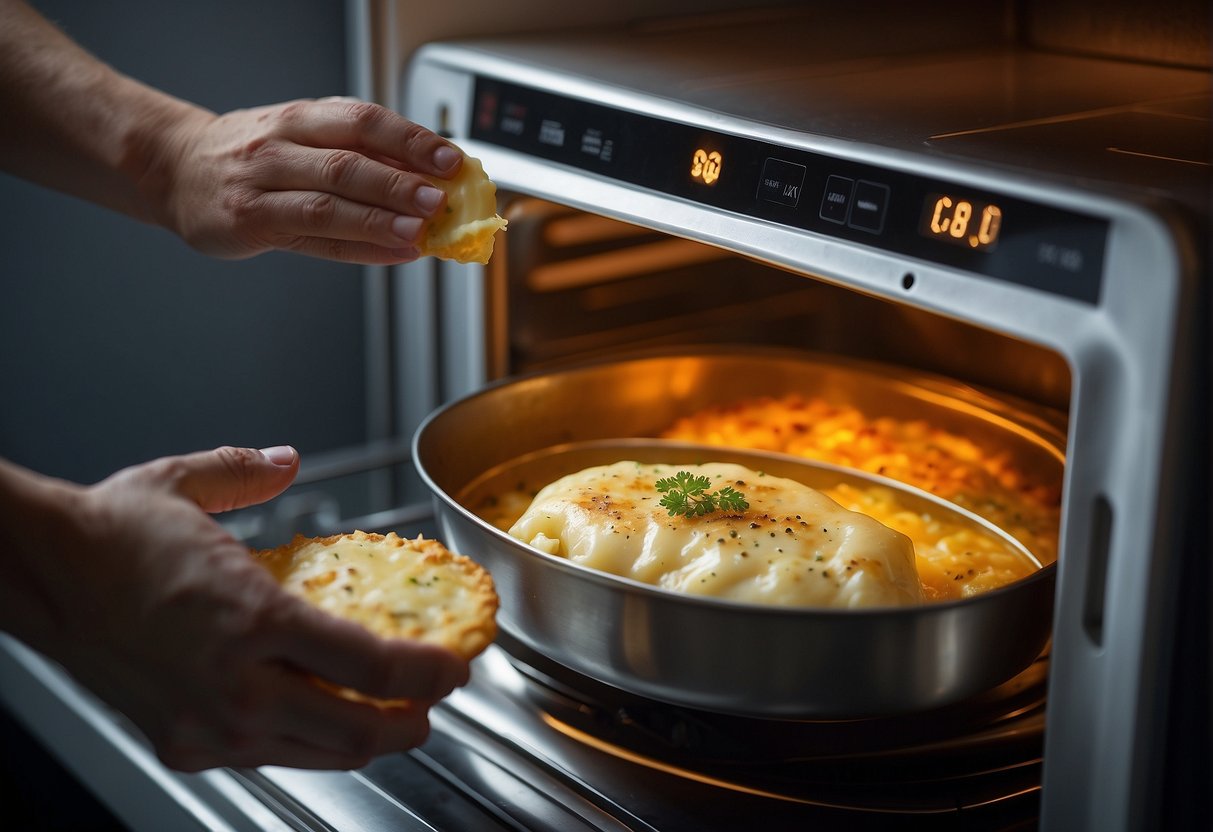 A microwave door opens, revealing a steaming dish of cod mornay. A hand reaches for a lid to cover it before being reheated
