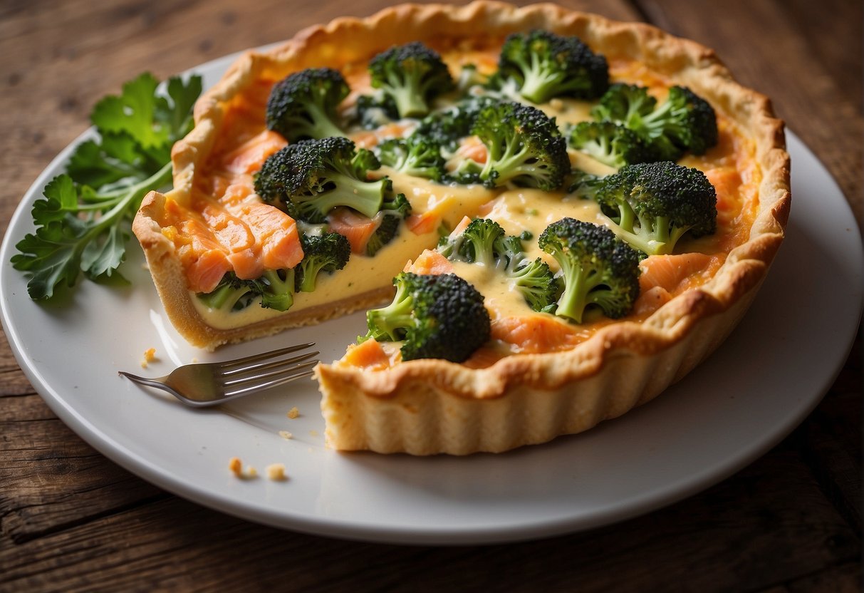 A golden-brown quiche filled with chunks of salmon and vibrant green broccoli, set on a rustic table with a scattering of fresh herbs