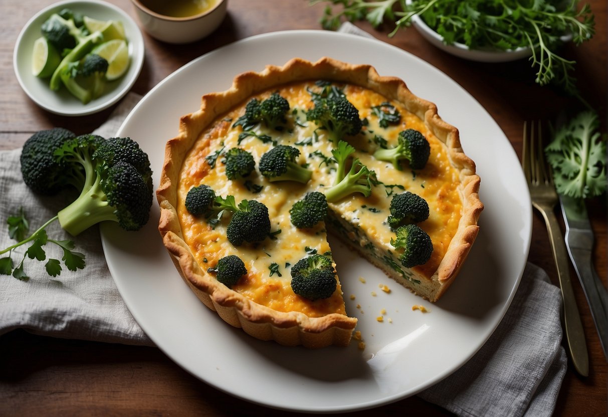 A table set with a golden-brown salmon and broccoli quiche, surrounded by fresh herbs and colorful garnishes