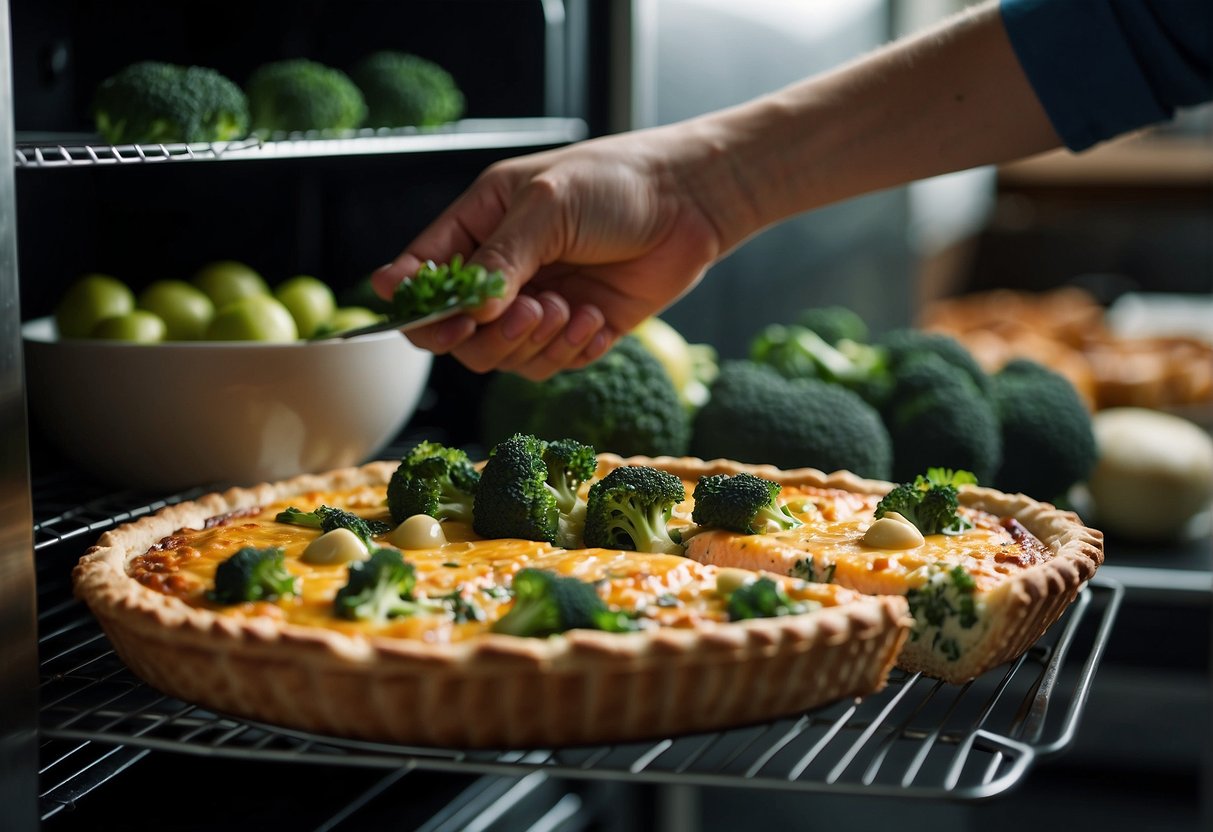 A hand places a salmon and broccoli quiche into a refrigerator. Later, it removes the quiche and reheats it in the oven