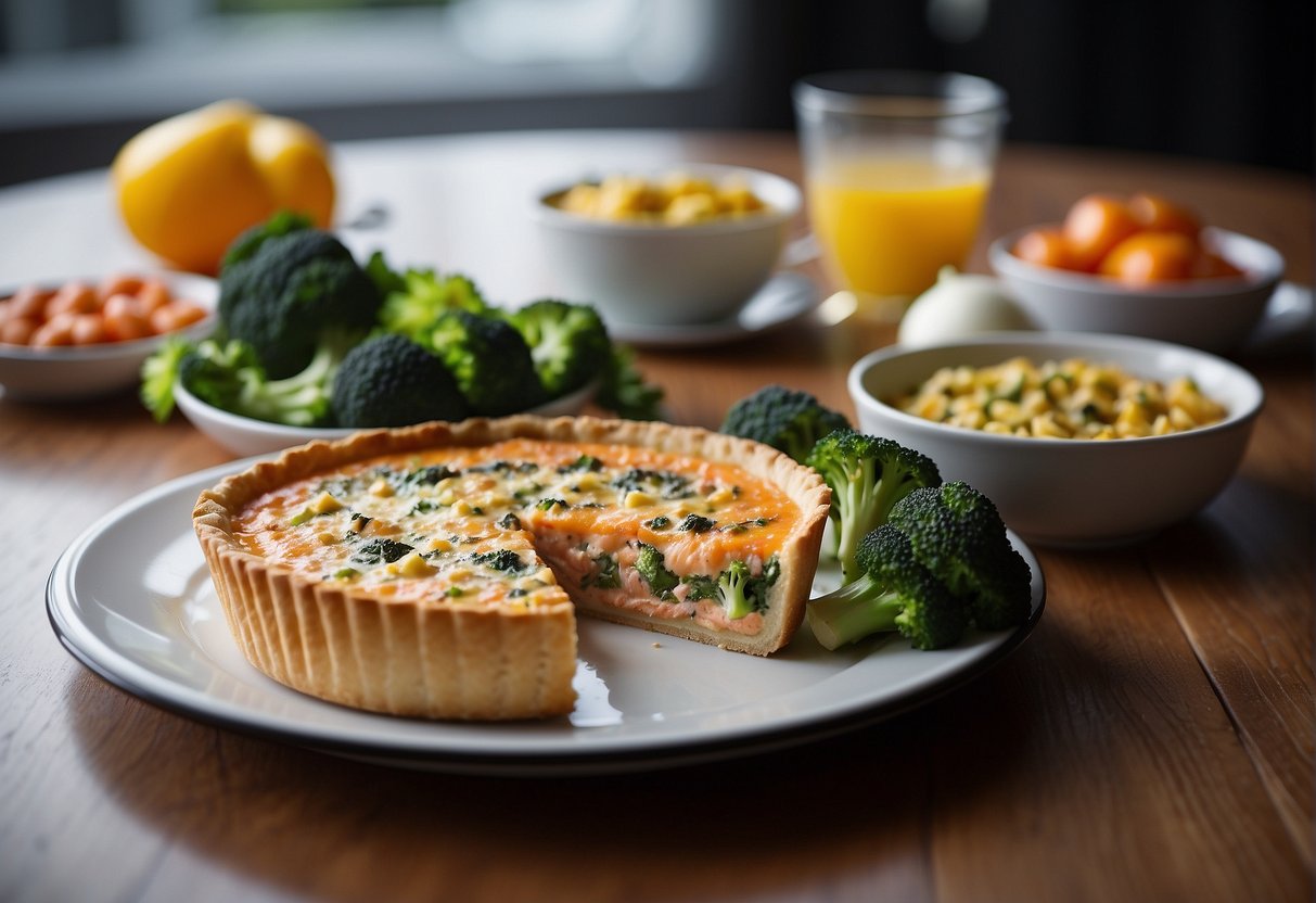 A table displays a freshly baked salmon and broccoli quiche with a labeled nutritional information chart beside it
