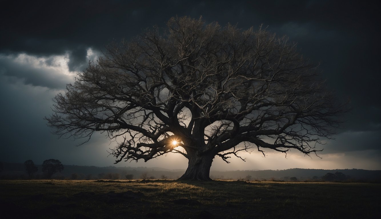 A barren tree with withering branches, surrounded by darkness and storm clouds, while a beam of light struggles to break through the gloom