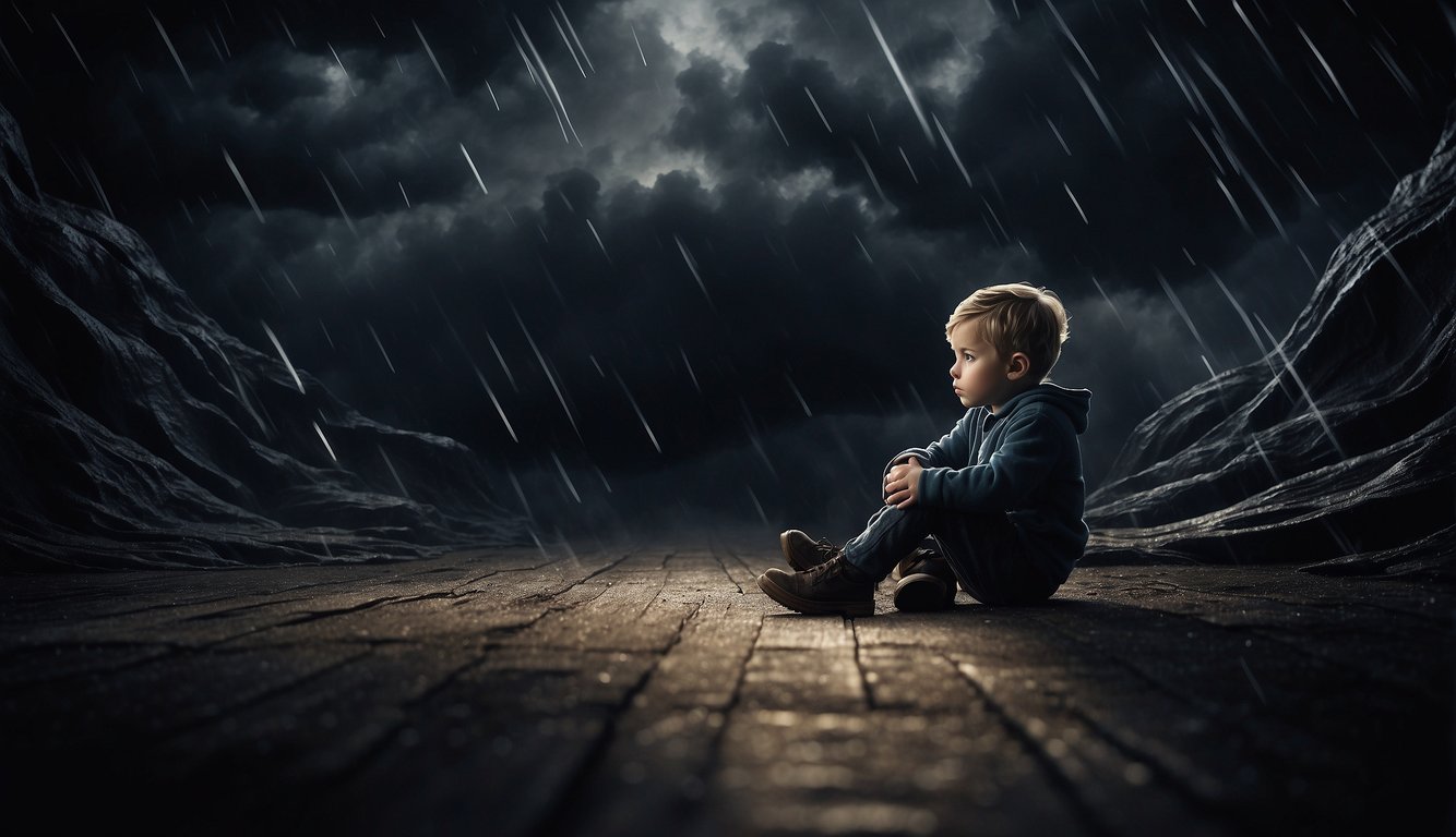 A child sits alone, surrounded by darkness and confusion, as a storm of negative emotions swirls around them, manifesting as twisted, gnarled shapes