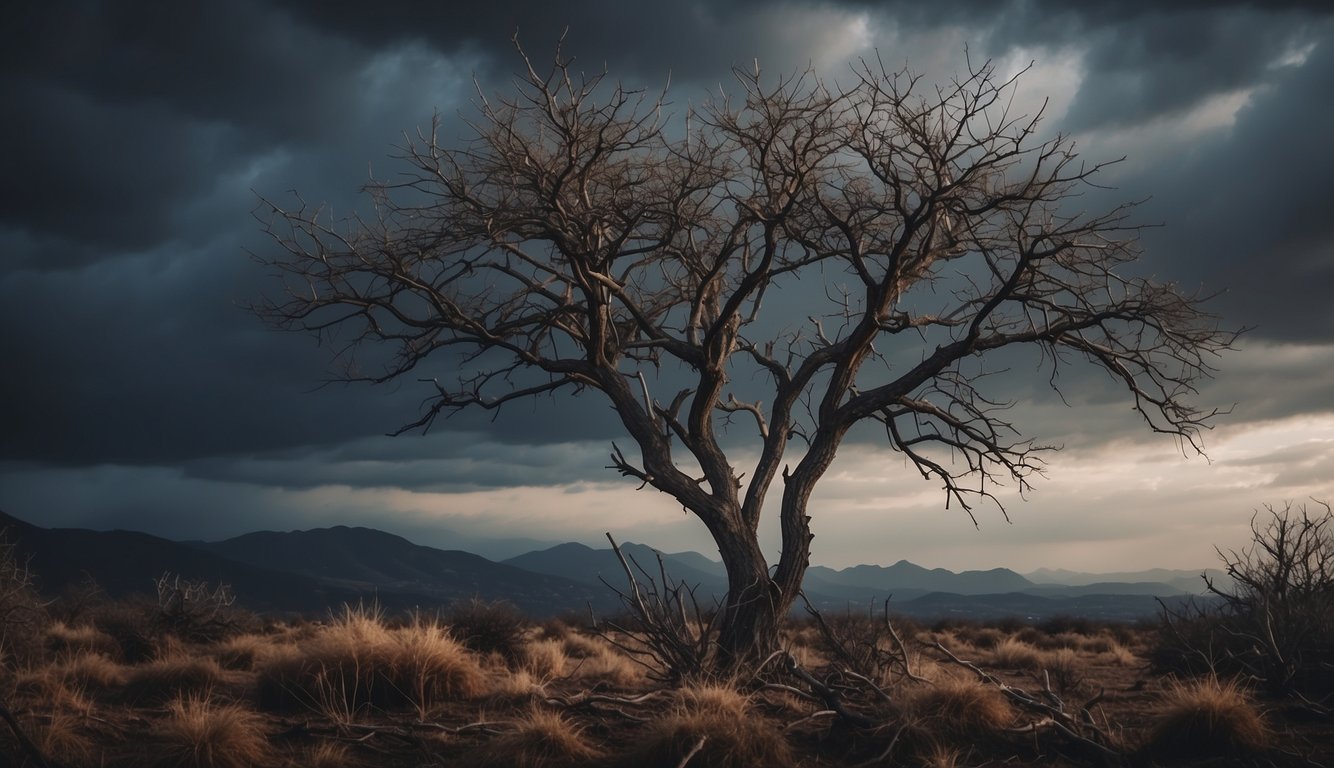 A barren tree with withering branches and no leaves, surrounded by thorns and thistles, under a dark and stormy sky