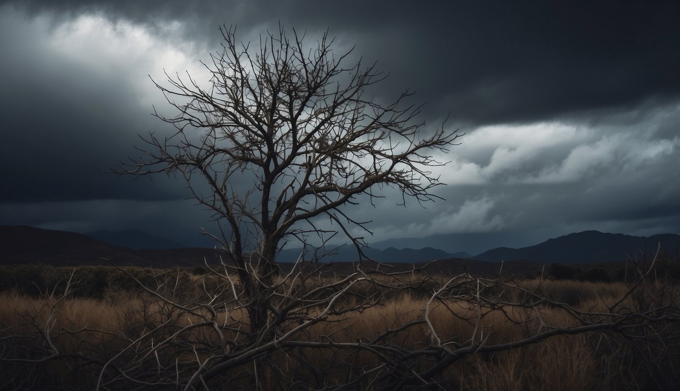 A barren tree with withered branches, surrounded by thorns and thistles, under a dark stormy sky