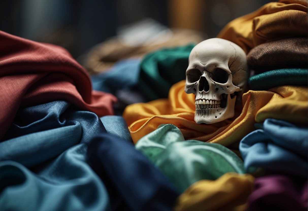 A pile of tencel and silk textiles, emitting toxic fumes. A warning sign and a skull symbol indicating danger
