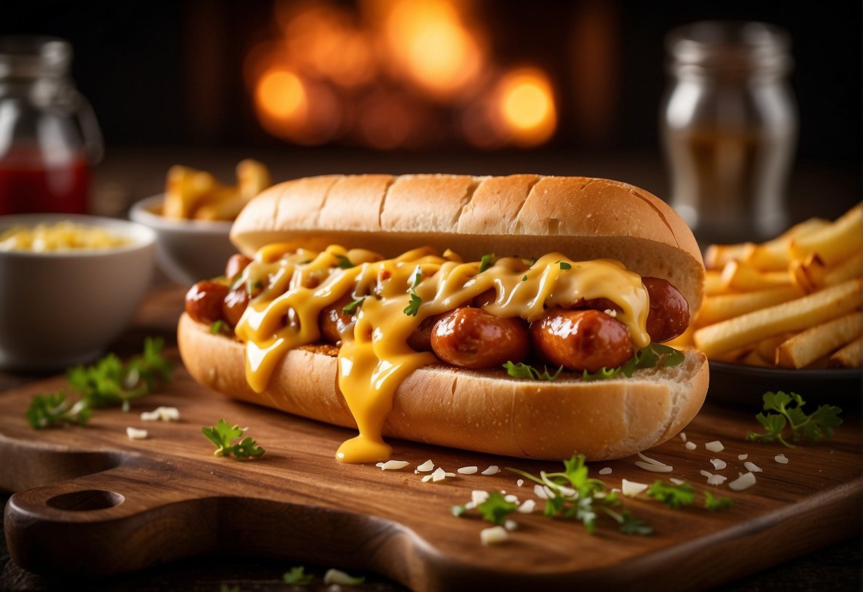 A sizzling French hotdog on a toasted baguette with Dijon mustard and caramelized onions, served with a side of crispy fries