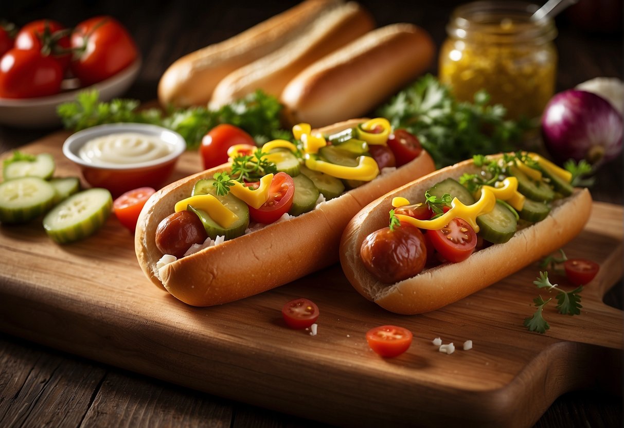 French hotdog ingredients: baguette, sausage, mustard, ketchup, onions, and pickles on a cutting board