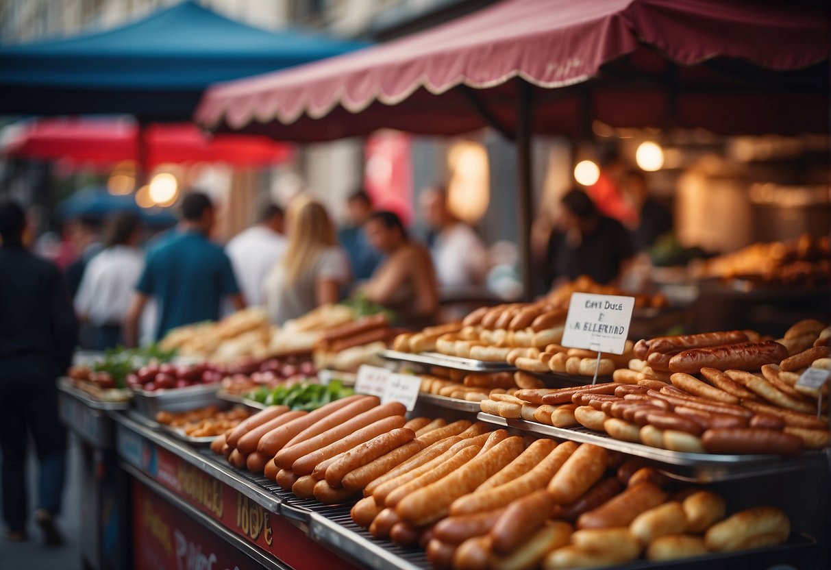 A bustling street market with vendors selling regional variations of French hotdogs, from Parisian to Provencal, with colorful signs and mouthwatering aromas