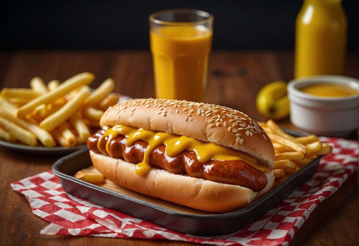 A French hotdog sits on a checkered paper tray, surrounded by a dollop of mustard and a heap of crispy golden fries