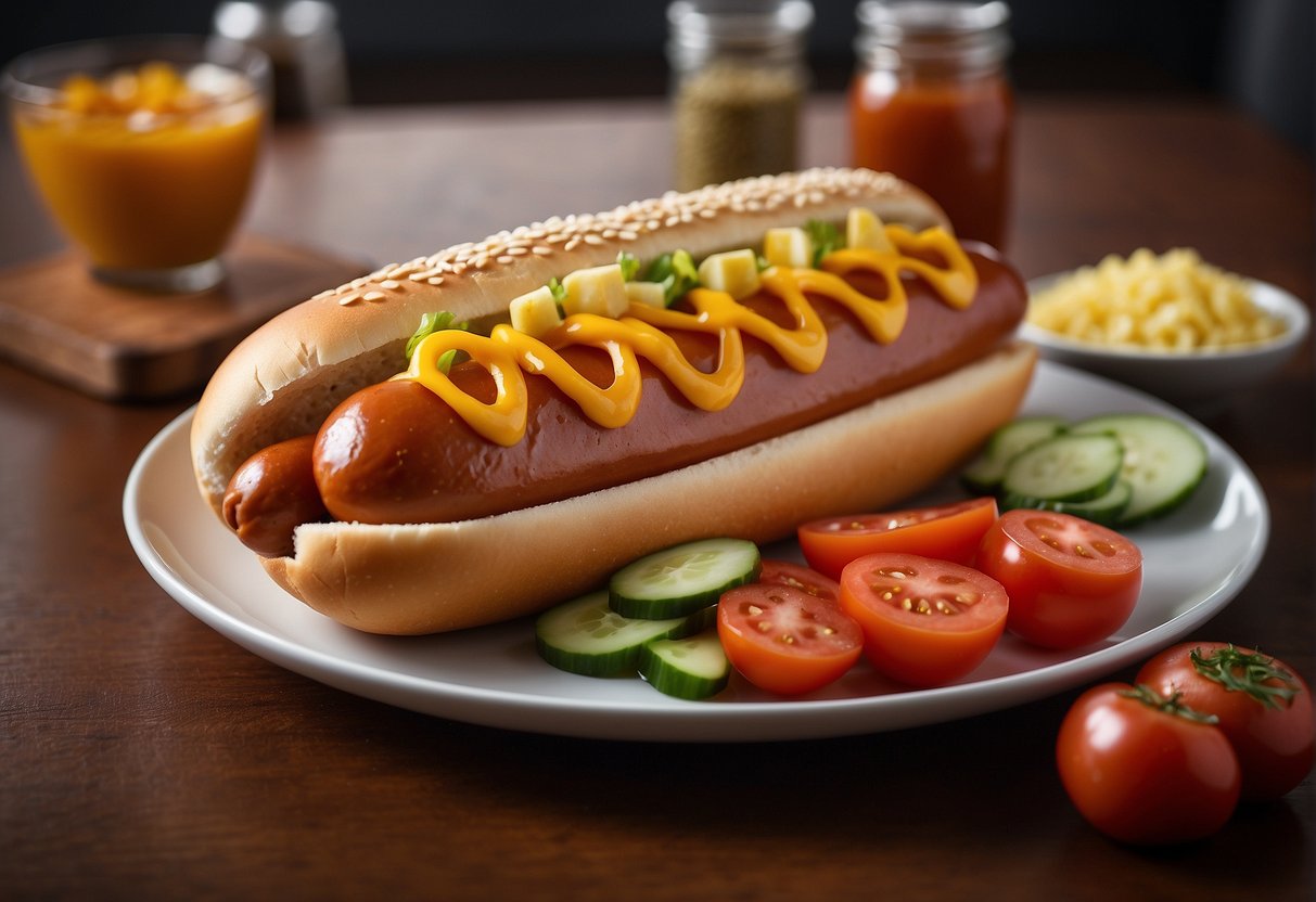 A hotdog with bun, sausage, and condiments sits on a plate. A nutrition label displays the nutritional information for the hotdog
