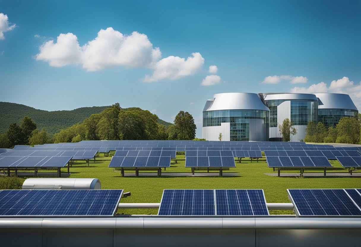 An energy-efficient building surrounded by green spaces, solar panels on the roof, and a clear blue sky in the background