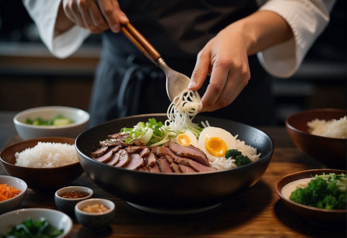 A chef prepares duck donburi, slicing tender duck meat and simmering it with savory sauce, then arranging it over a bed of steamed rice in a traditional Japanese bowl