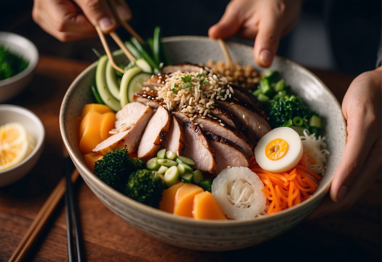 A chef assembling duck donburi with rice, sliced duck, vegetables, and sauce in a traditional Japanese bowl