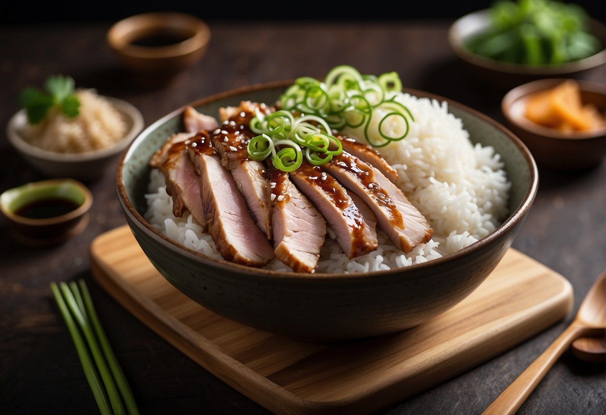 A steaming bowl of duck donburi with tender slices of duck, nestled on a bed of fluffy rice, topped with a savory, glossy sauce and garnished with fresh green onions