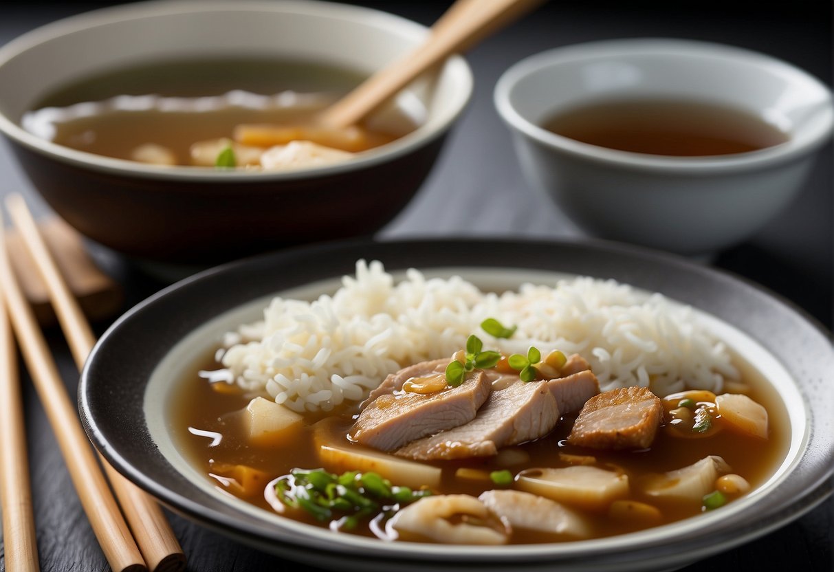 A pot of simmering duck broth, a bowl of rice, and a ladle, with chopsticks resting on the side