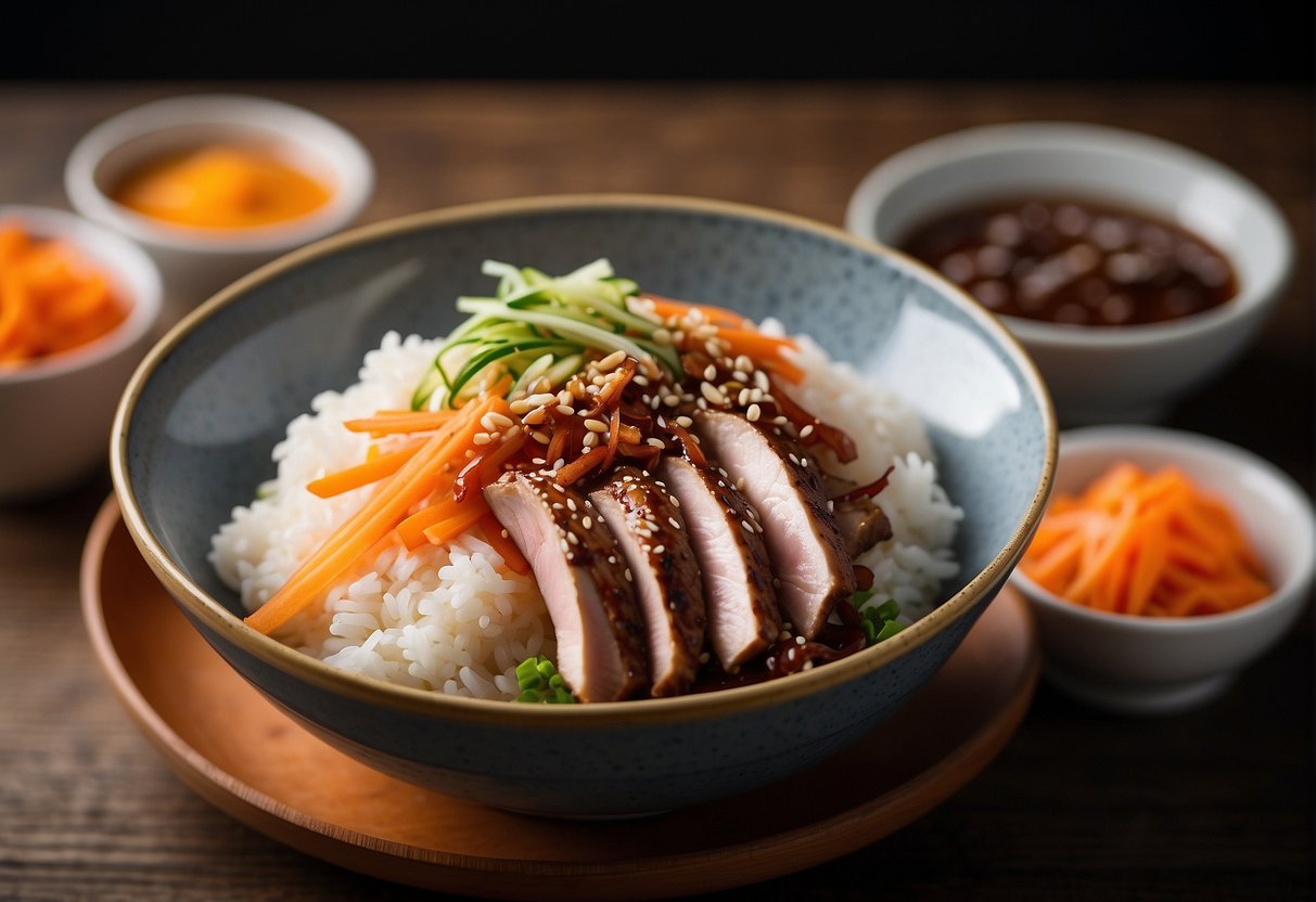 A bowl of duck donburi with a bed of steamed rice, tender slices of duck meat, and a savory sauce drizzled on top. A side of pickled vegetables and a sprinkle of sesame seeds complete the dish