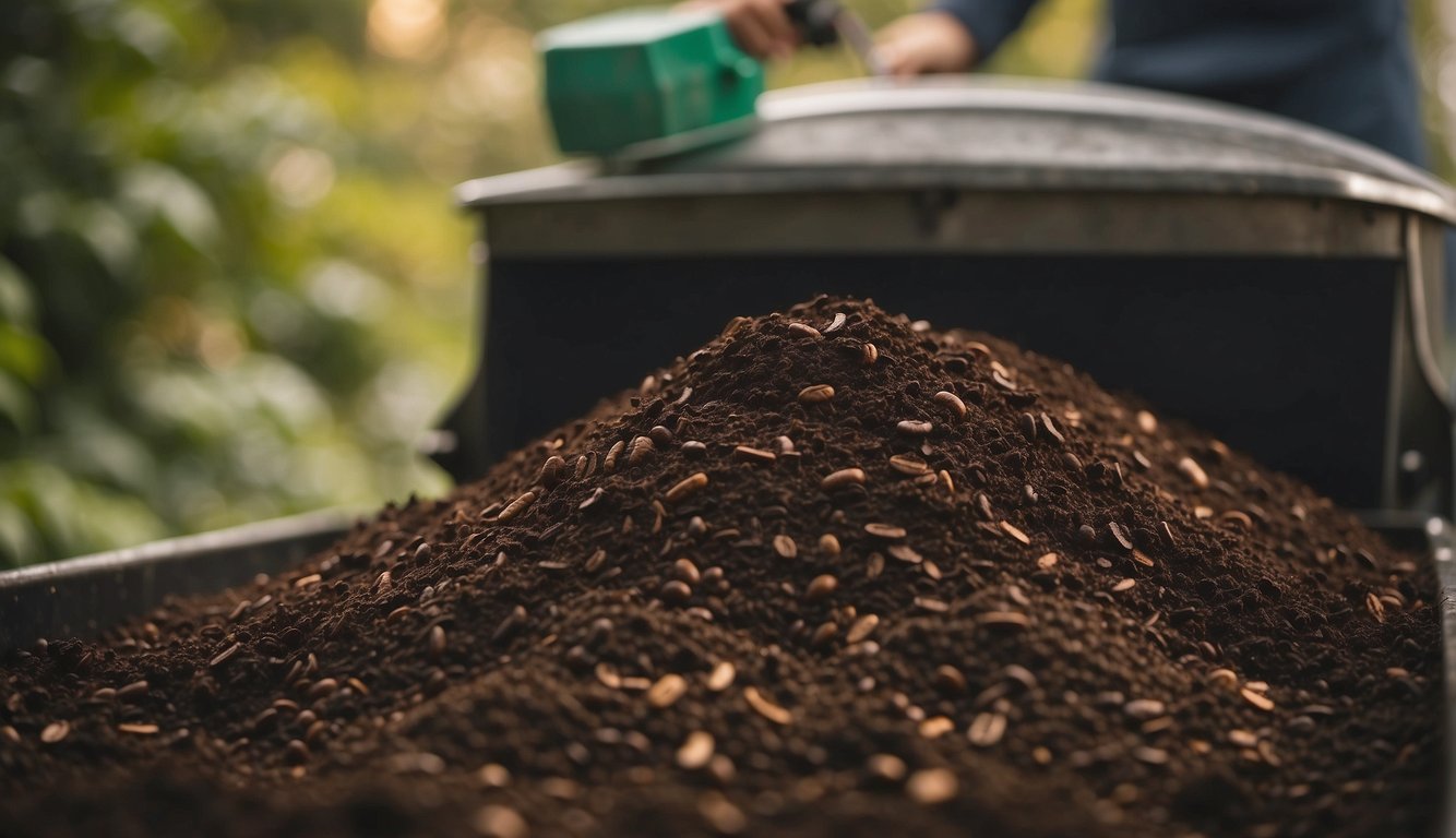 Coffee grounds are being mixed with organic waste in a compost bin, creating a rich and fertile environment for decomposition