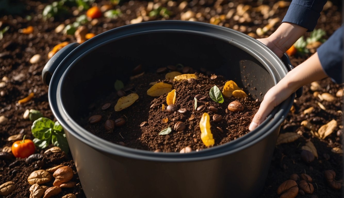 Coffee grounds, vegetable scraps, and dry leaves are mixed in a large compost bin. Steam rises from the mixture, indicating the decomposition process