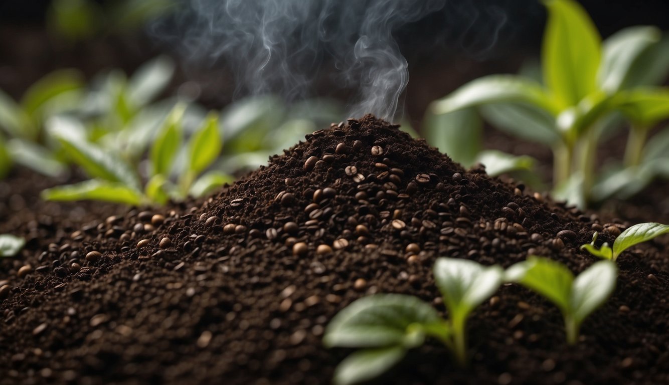 A pile of coffee compost surrounded by specific plants, with steam rising from the rich, dark soil. Twigs and leaves are scattered around the compost, and the plants appear healthy and vibrant