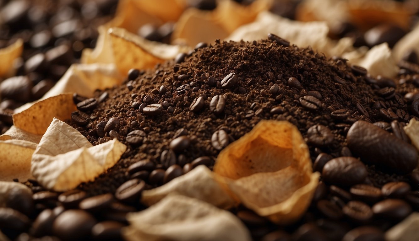Coffee filters are being mixed into a compost pile, blending with coffee grounds and other organic waste. The filters are breaking down and adding to the nutrient-rich environment