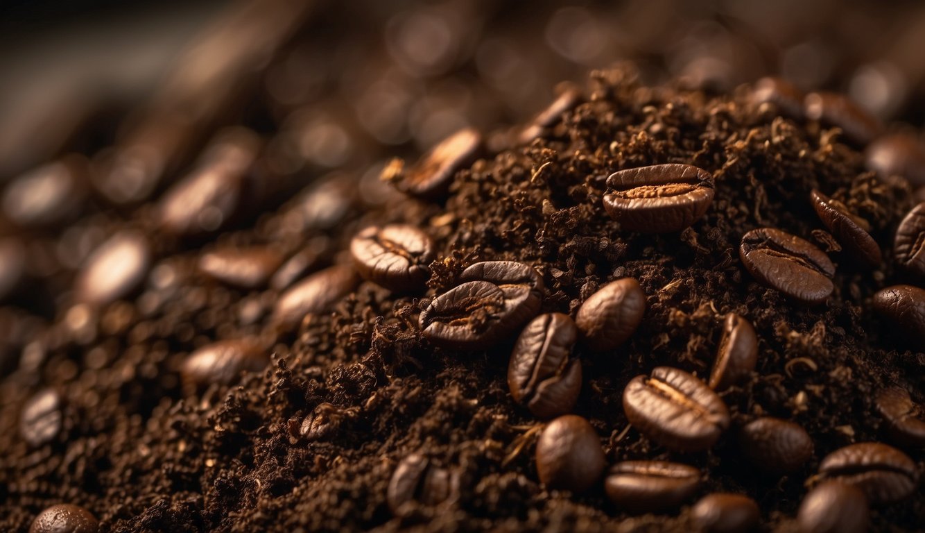 A pile of coffee grounds mixed with compost, emitting a foul odor and showing signs of mold and pests