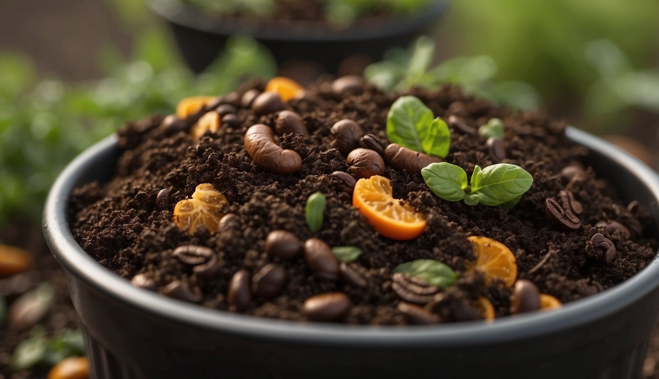 Coffee grounds and food scraps mix in a bin. Worms wiggle through the mixture, breaking it down. Steam rises as the compost decomposes, creating rich soil for plants